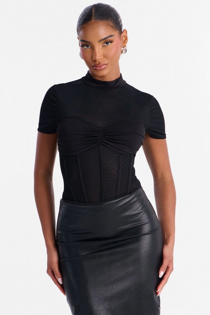 Fine Dined Mesh Mock Neck Corset Bodysuit - Black
