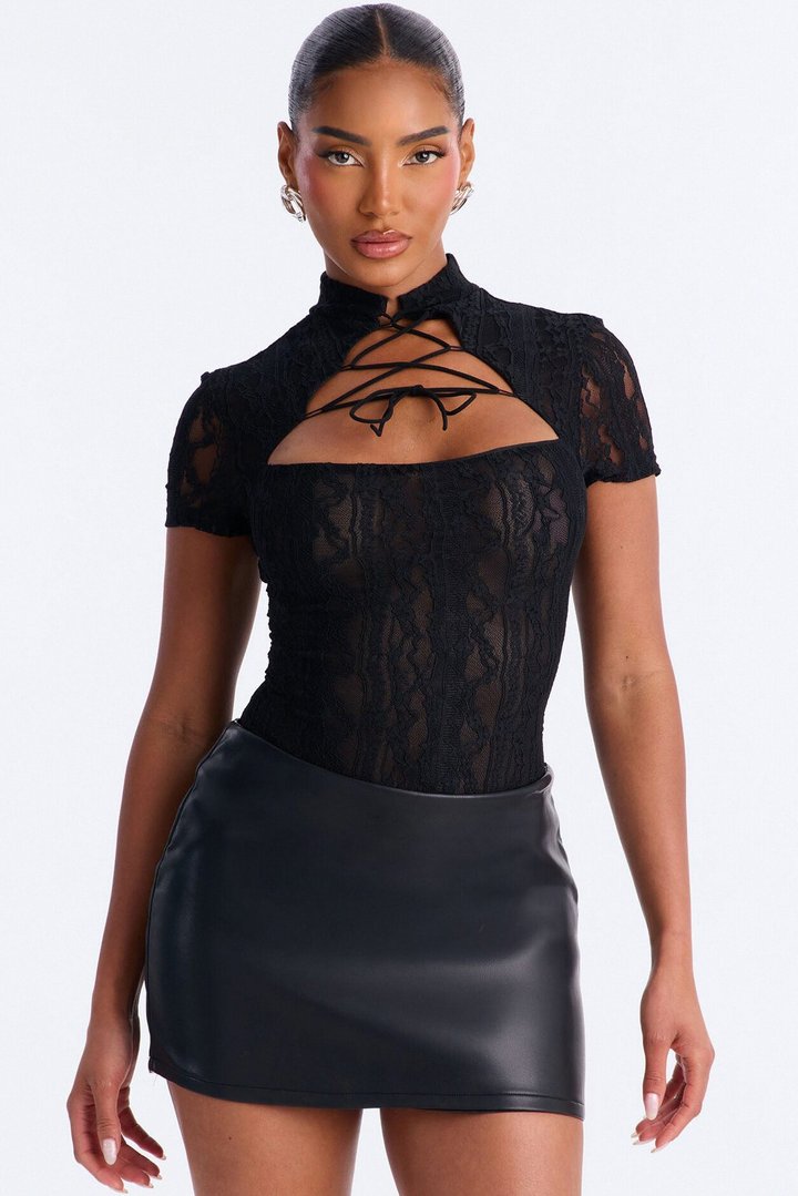 Lianne Lace Mock Neck Bodysuit - Black