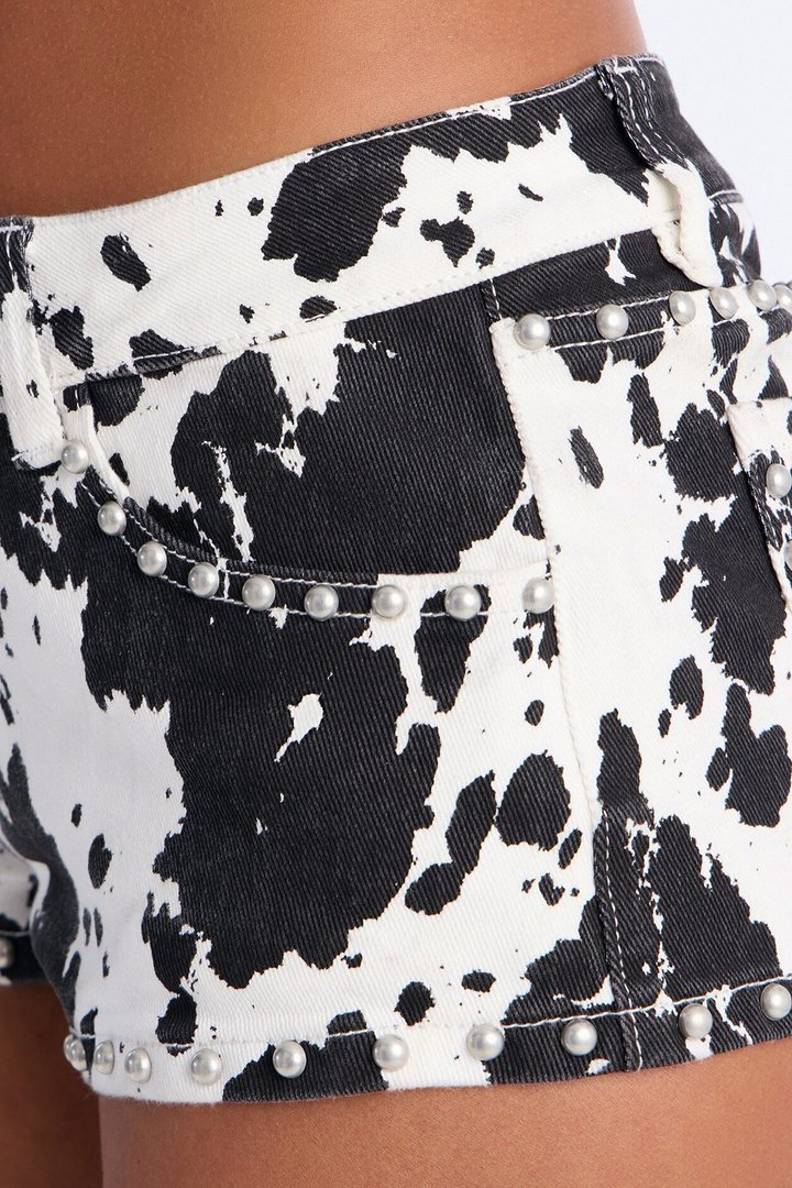 Just Move On Studded Cow Print Micro Short - Black/White
