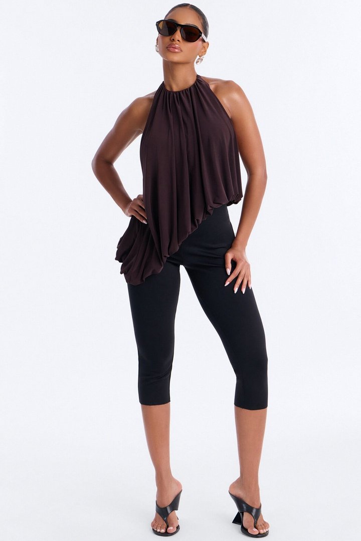 Selena Ruched Asymmetrical Halter Top - Brown