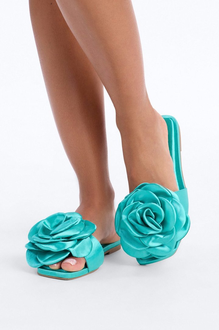 Verity Satin Flower Sandals - Turquoise