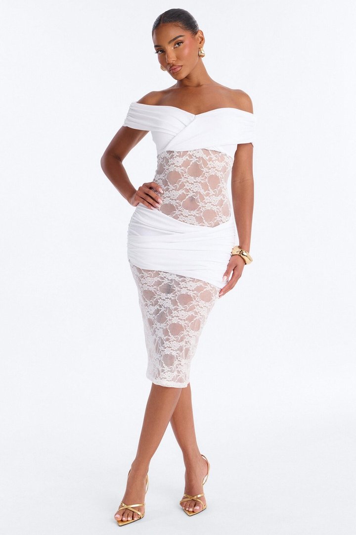 Nicole Off Shoulder Lace Midi Dress - OffWhite