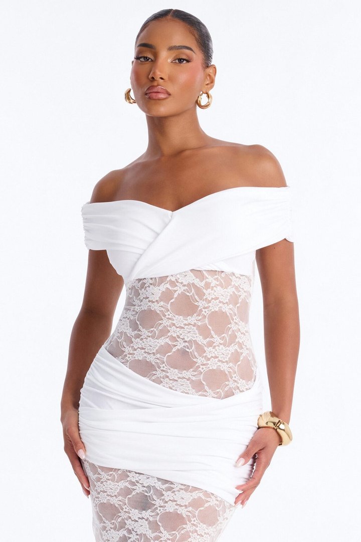 Nicole Off Shoulder Lace Midi Dress - OffWhite