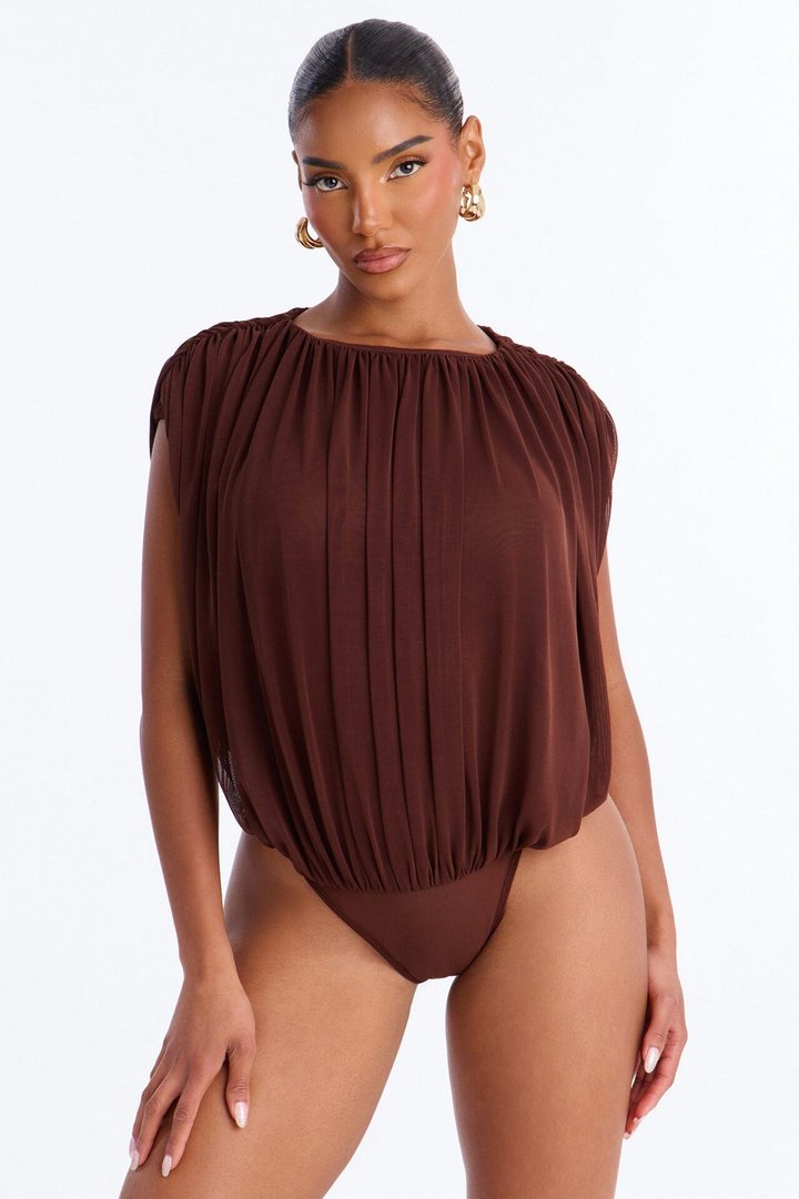 Danielle Ruched Short Sleeve Mesh Bodysuit - Brown