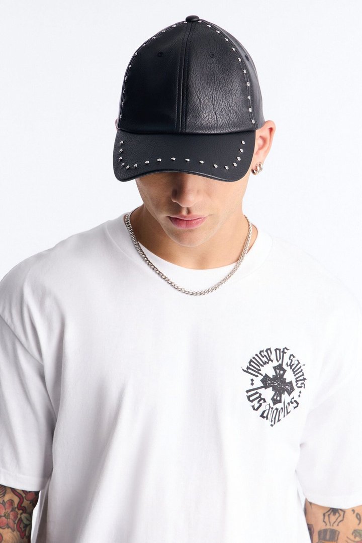 Faux Leather Studded Snapback Hat - Black