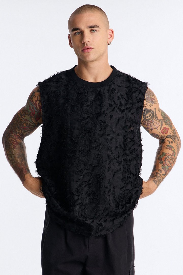 Relaxed Kelpstone Textured Sleeveless Tee - Black