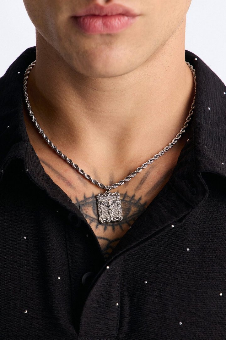 Angel Pendant Rope Chain Necklace - Silver