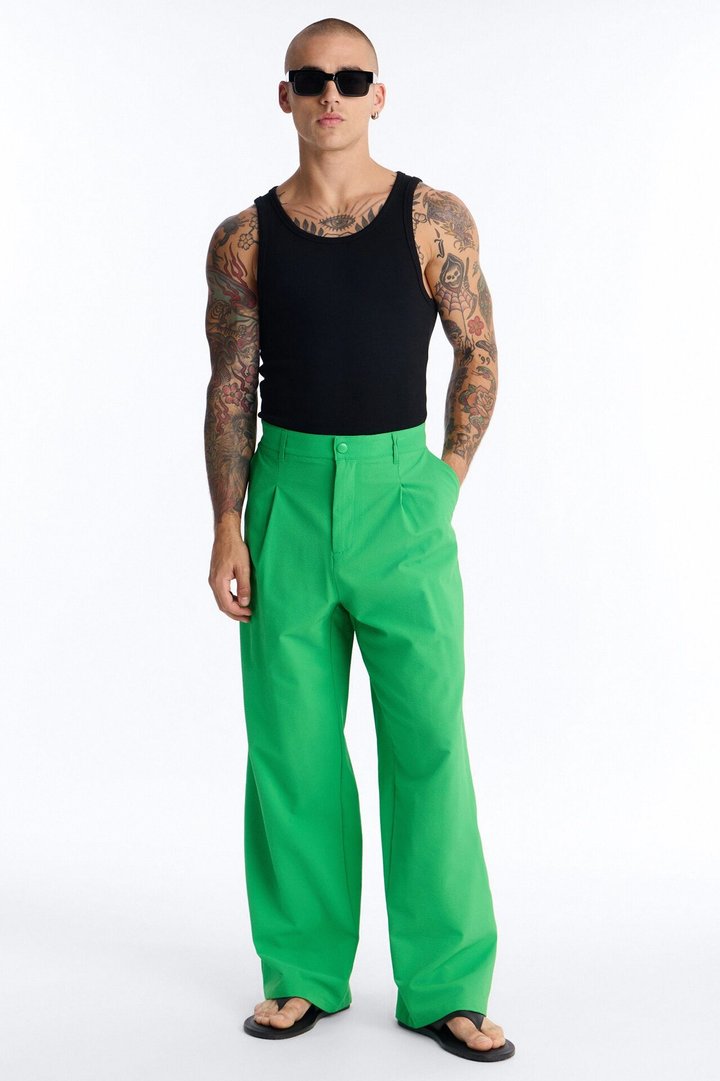 Wide Leg Textured Seersucker Trouser - Green