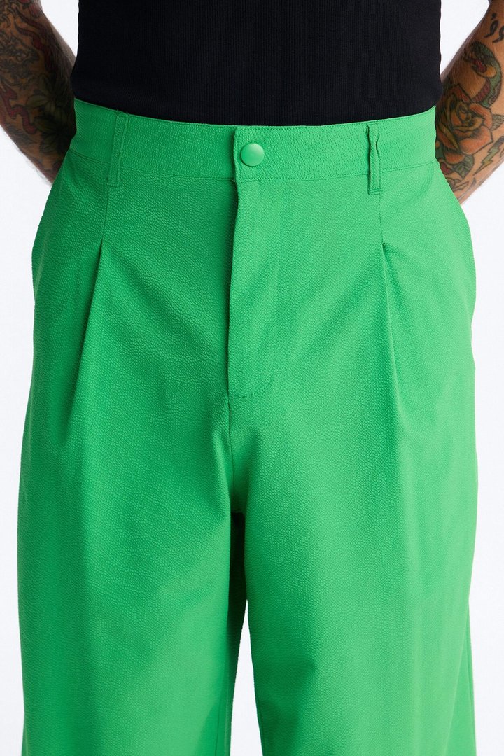 Wide Leg Textured Seersucker Trouser - Green