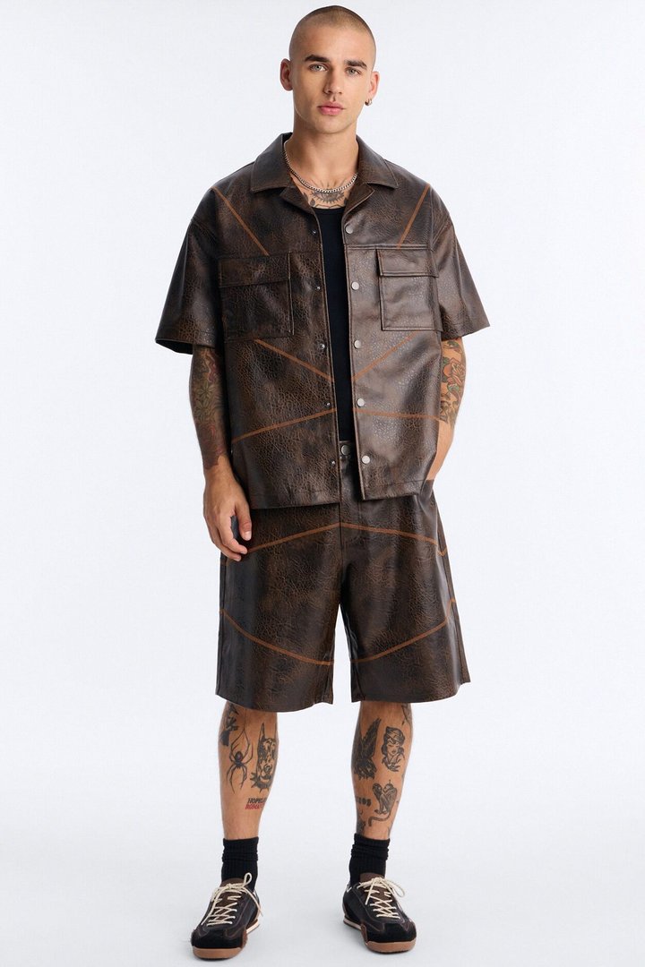 Boxy Vintage Chainstitch Faux Leather Cuban Collar Button Up Shirt - Brown