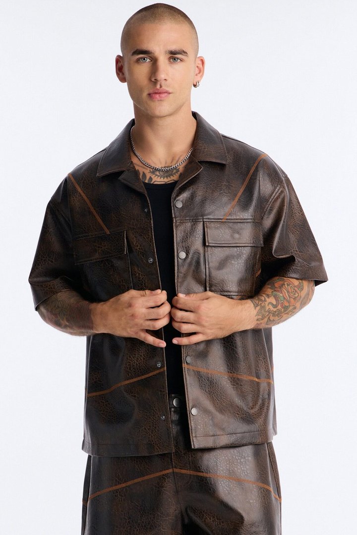 Boxy Vintage Chainstitch Faux Leather Cuban Collar Button Up Shirt - Brown