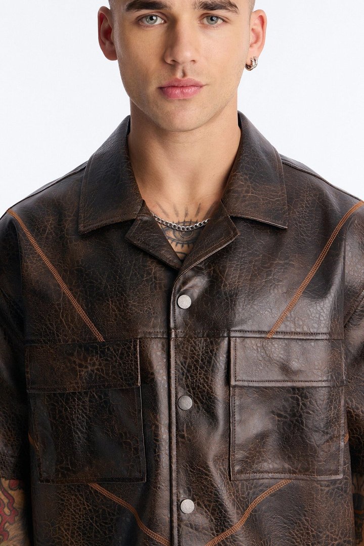 Boxy Vintage Chainstitch Faux Leather Cuban Collar Button Up Shirt - Brown