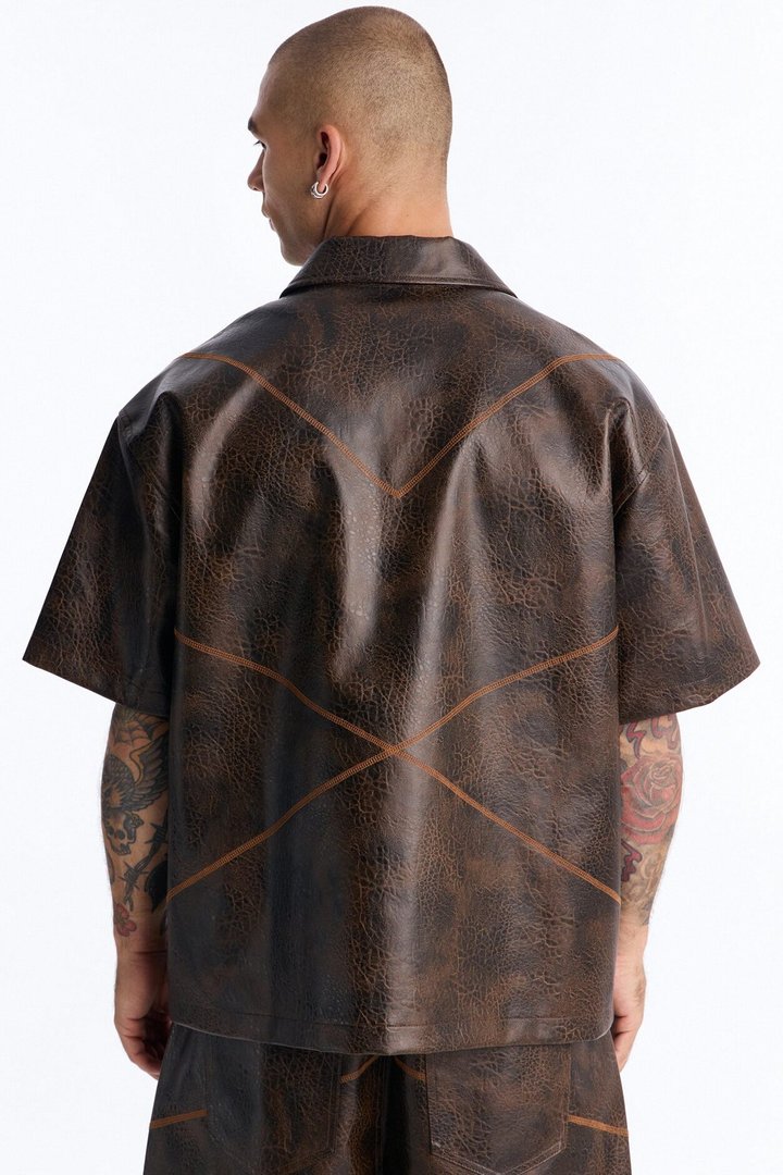 Boxy Vintage Chainstitch Faux Leather Cuban Collar Button Up Shirt - Brown