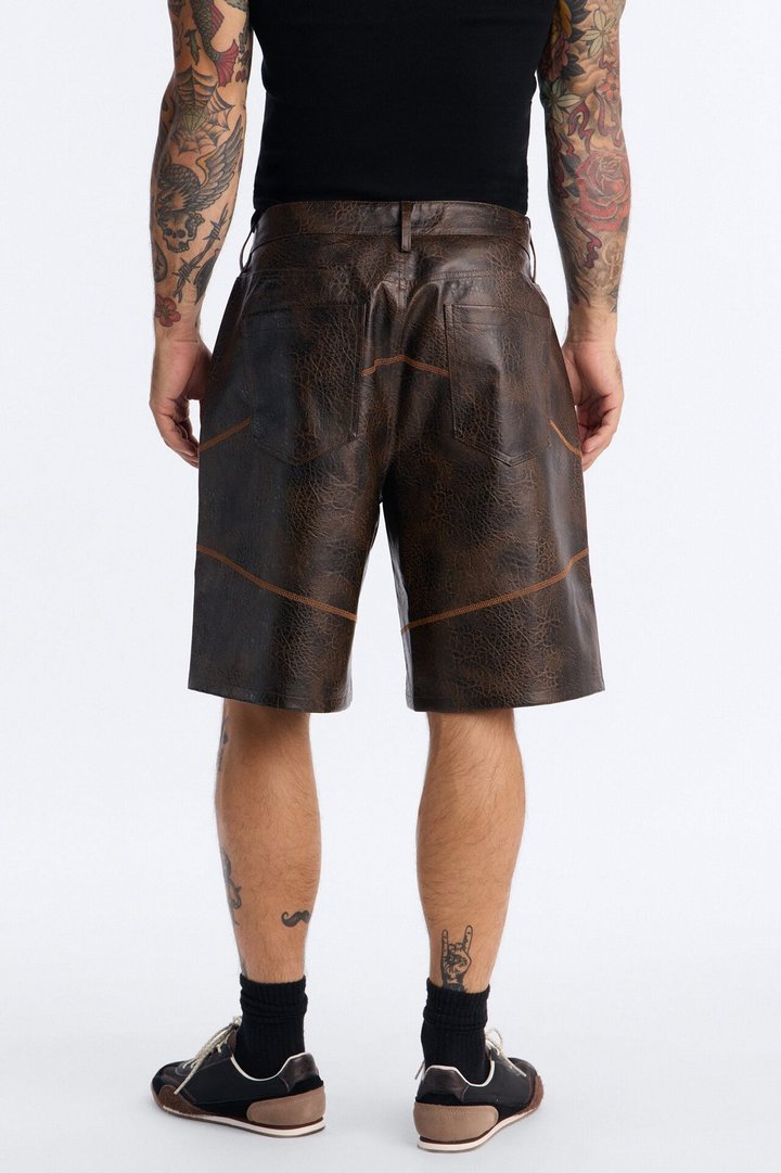 Relaxed Vintage Chainstitch Faux Leather Short - Brown