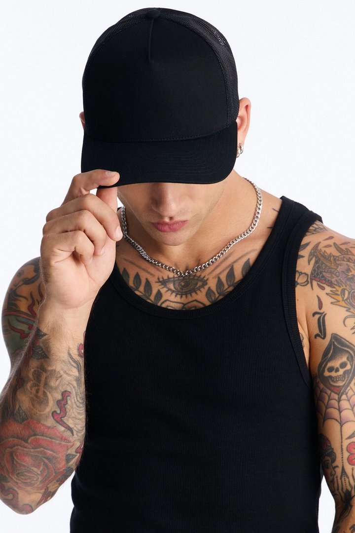 Basic Mesh Back Panel Snapback Hat - Black