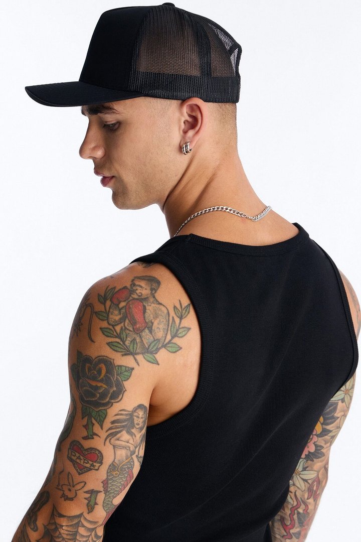 Basic Mesh Back Panel Snapback Hat - Black