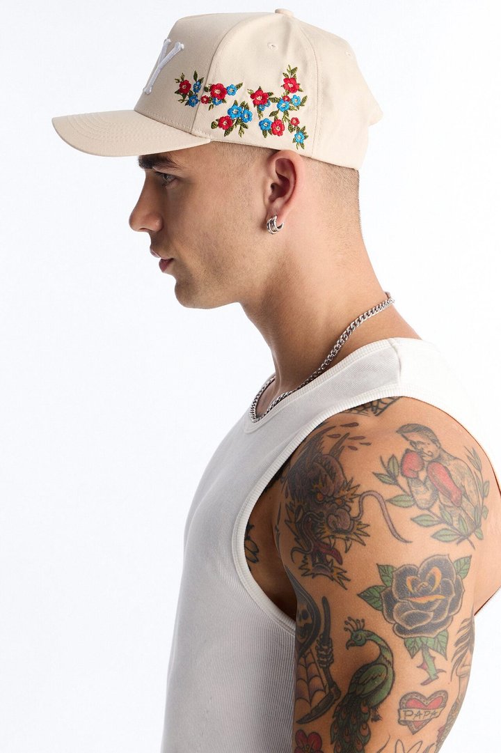NY Flower Embroidery Cotton Twill Snapback Hat - Stone
