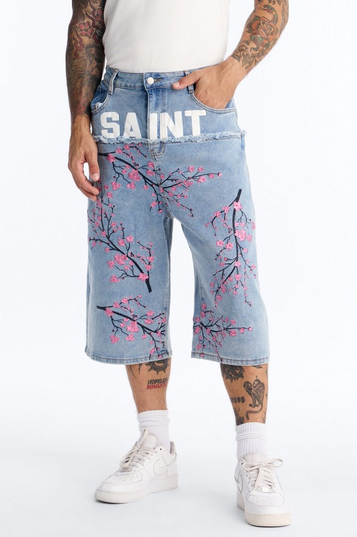Sakura Embroidered Baggy Denim Short - Vintage Blue Wash