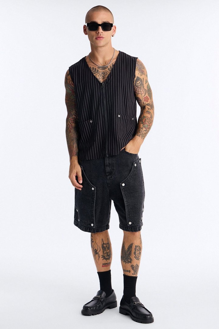 Maison Tailored All Over Pocket Belvedere Vest - Black