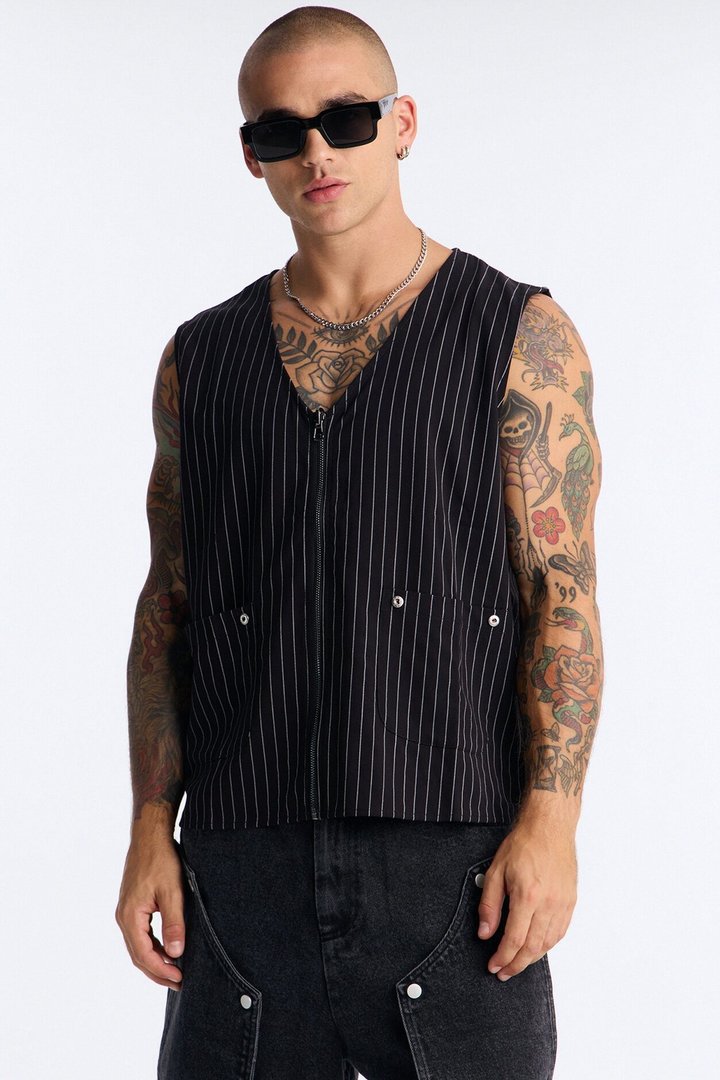 Maison Tailored All Over Pocket Belvedere Vest - Black