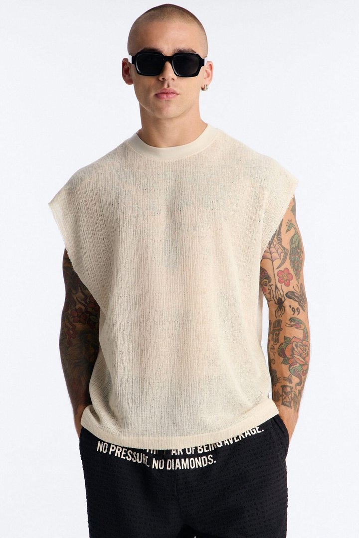 Oversized Sand Shell Sleeveless Tee - Oatmeal
