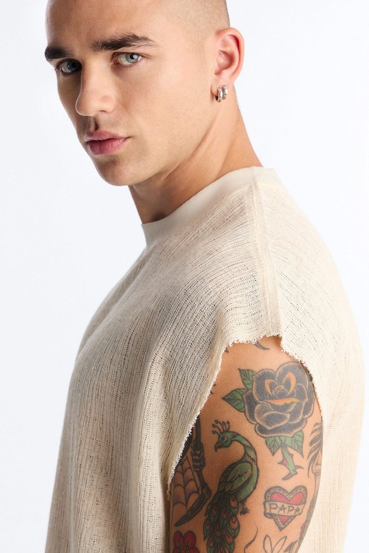 Oversized Sand Shell Sleeveless Tee - Oatmeal