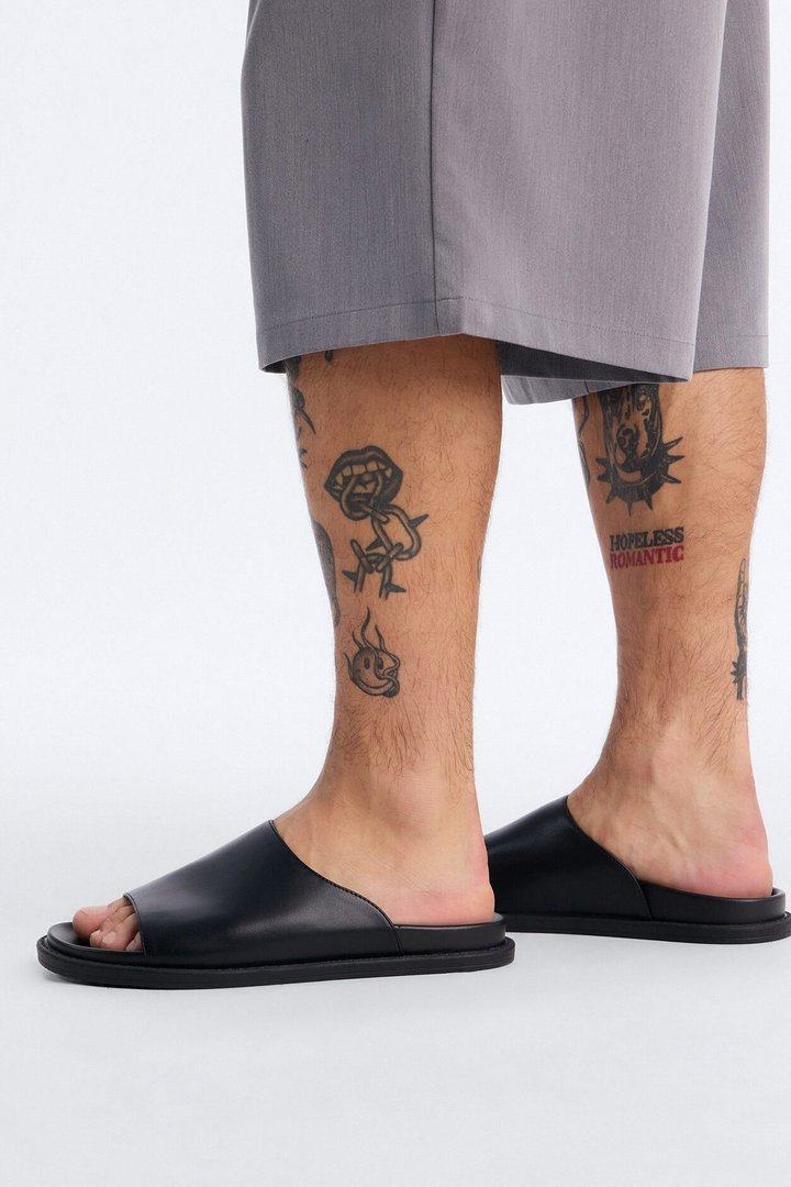Minimal Faux Leather Slip On Slide - Black