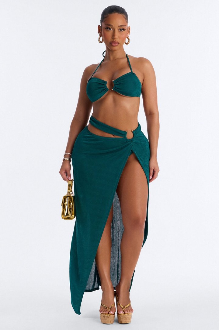 Sonia Hardware Bandeau 3 Piece Bikini Slinky Maxi Skirt Set - Green