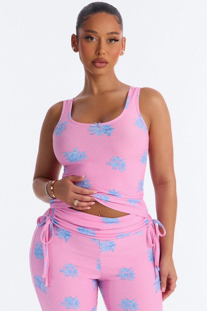 Petty Dreams Tank PJ Foldover Pant Set - Pink/combo