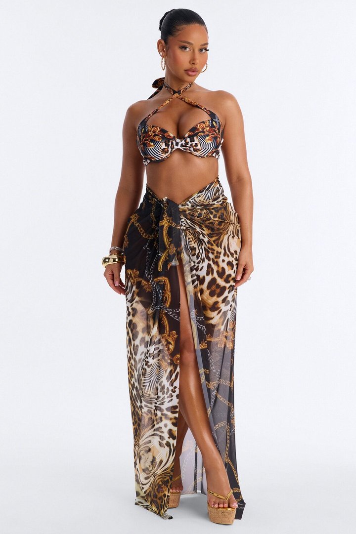 Carella Baroque Animal Print 3 Piece Bikini & Sarong Sunsuit - Brown/combo