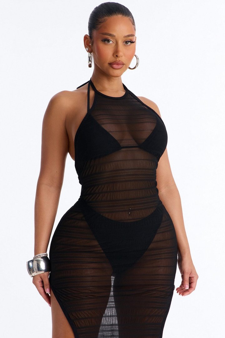By The Pool Midi Sheer Swim Cover Up Dress - Black