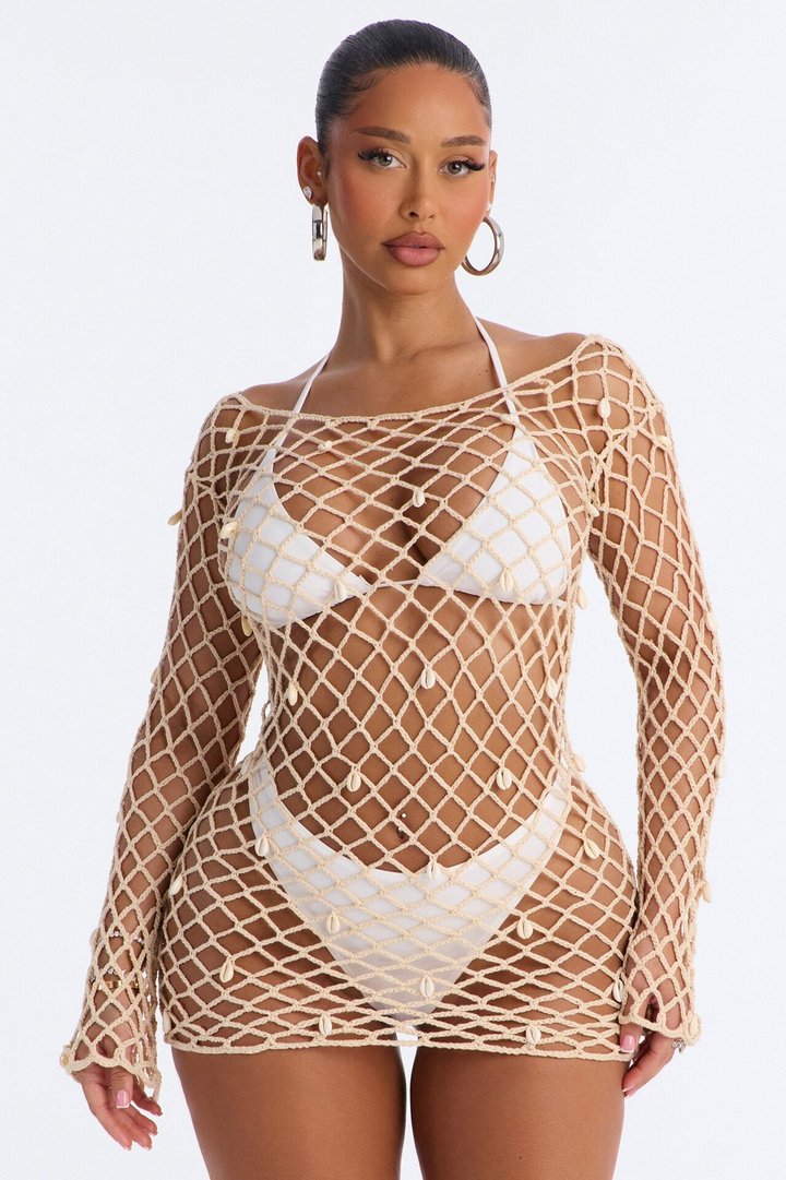 Zia Fishnet Cover Up Off Shoulder Mini Dress - Cream