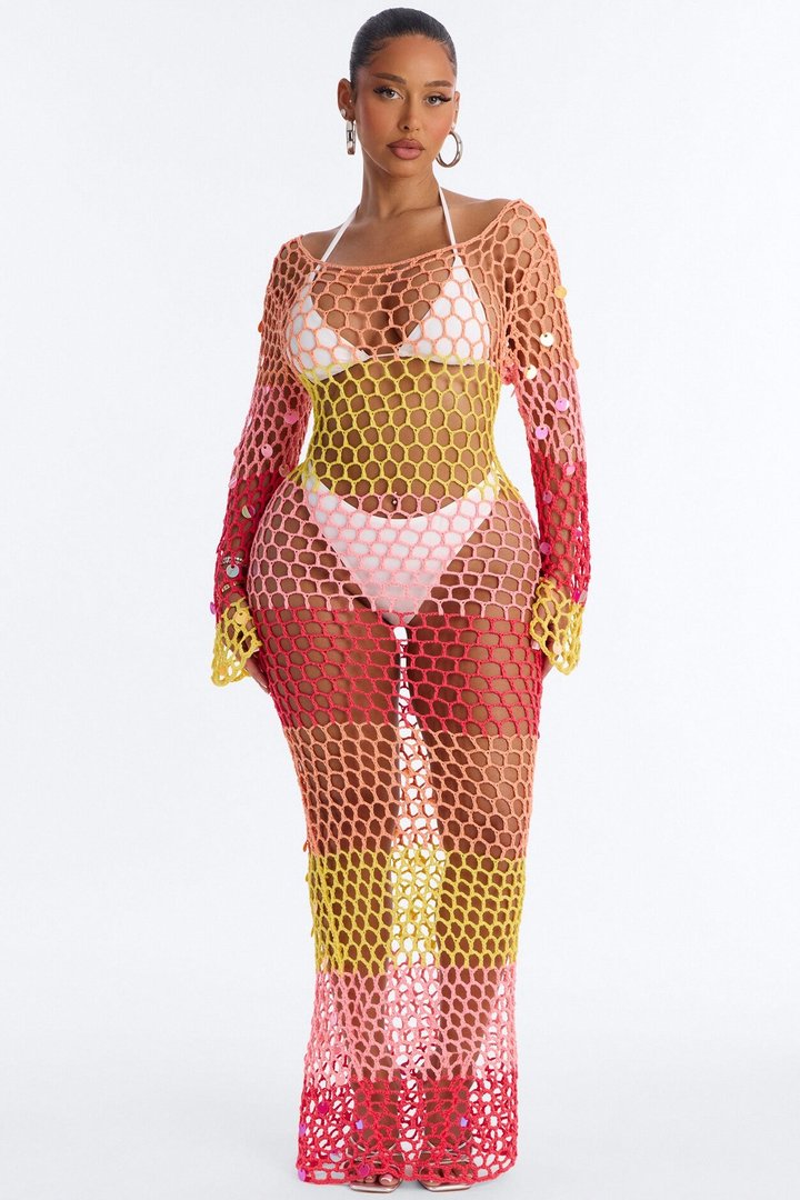 Something New Long Sleeve Maxi Coverup - Pink/combo