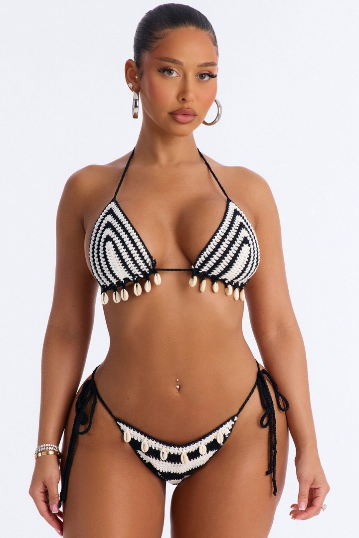 Karin Crochet 2 Piece Striped Shell Detail Bikini Set - Black/White