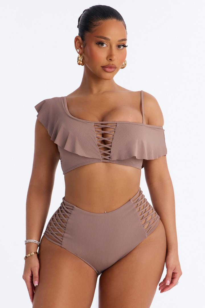 Low Tide Ribbed 2 Piece Ruffle One Shoulder Bikini Set - Taupe