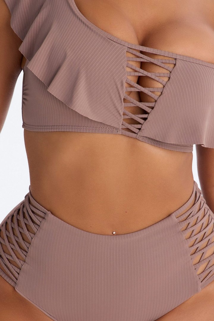 Low Tide Ribbed 2 Piece Ruffle One Shoulder Bikini Set - Taupe