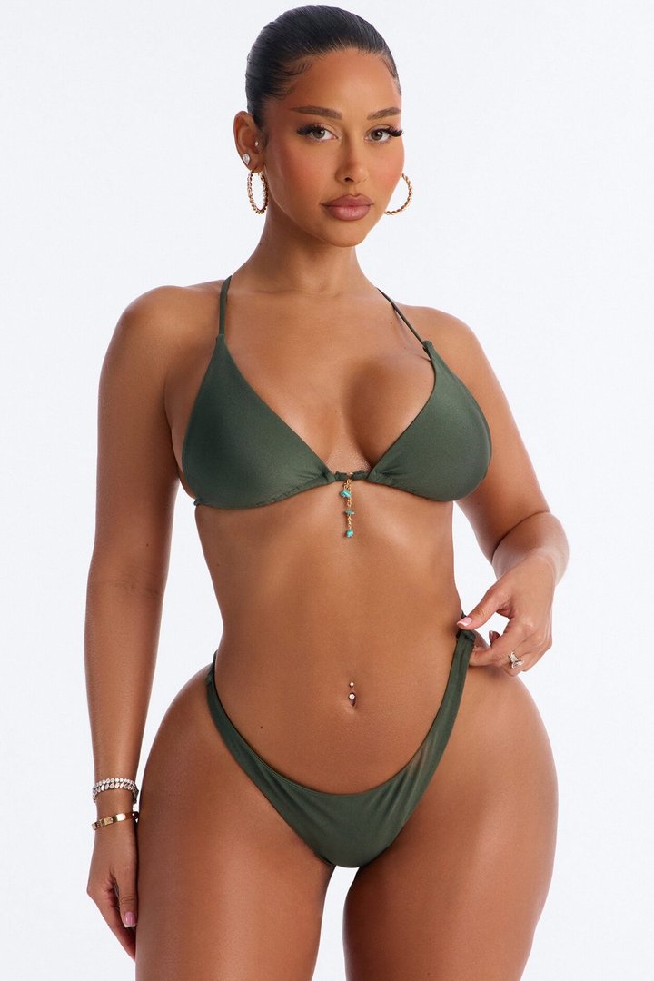 Doing The Most 3 Piece Shimmer Triangle Bikini & Cover Up Pant Sunsuit - Olive