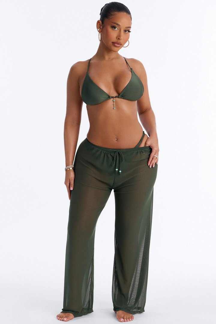 Doing The Most 3 Piece Shimmer Triangle Bikini & Cover Up Pant Sunsuit - Olive
