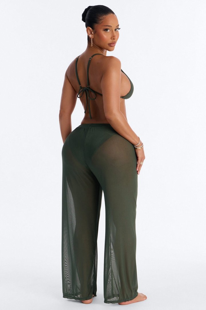 Doing The Most 3 Piece Shimmer Triangle Bikini & Cover Up Pant Sunsuit - Olive