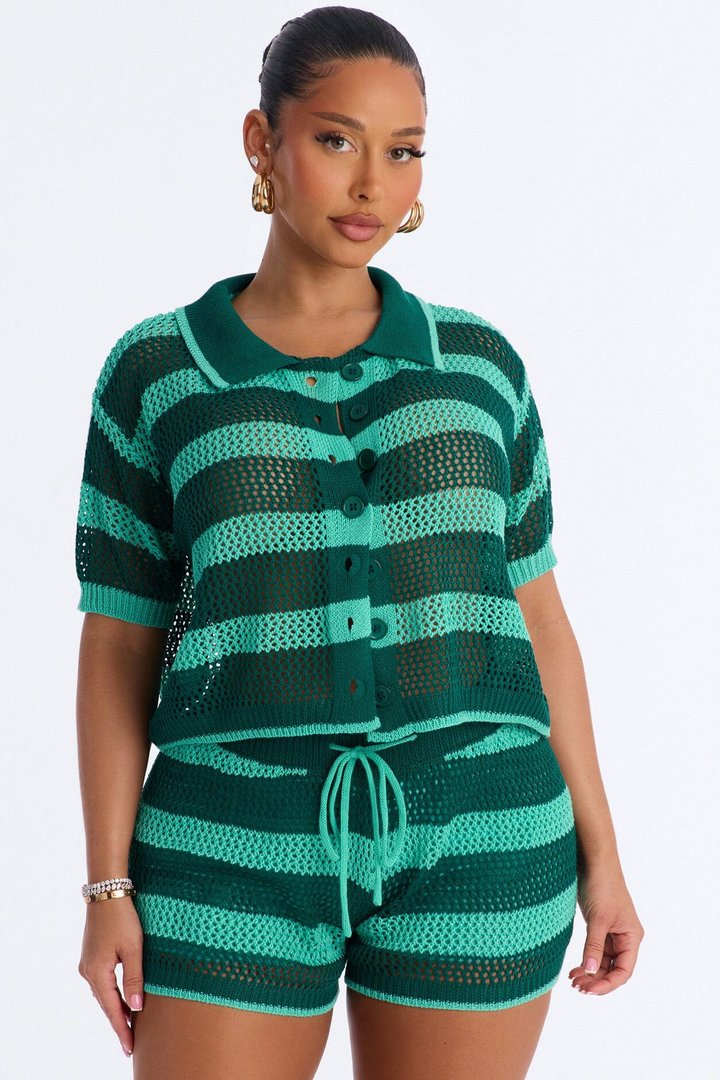Resort Ready Striped Crochet Short Set - Hunter