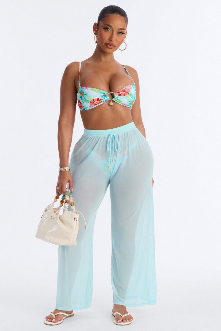 Built For The Heat 3 Piece Tropical Bandeau Bikini & Cover Up Pant Sunsuit - Blue