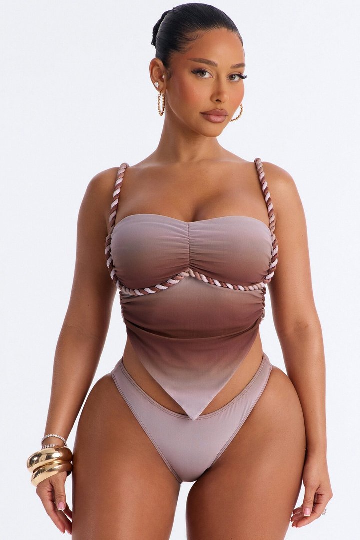 Ileen 3 Piece Mesh Rope Bandeau Bikini & Cover Up Maxi Skirt Sunsuit - Brown/combo