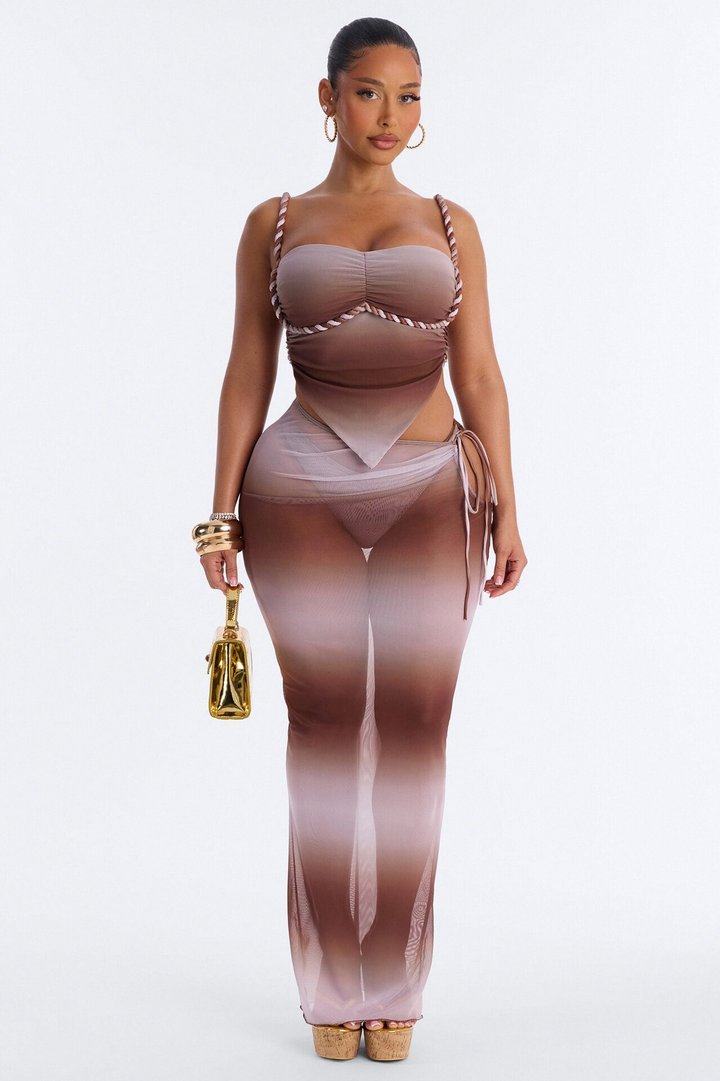 Ileen 3 Piece Mesh Rope Bandeau Bikini & Cover Up Maxi Skirt Sunsuit - Brown/combo