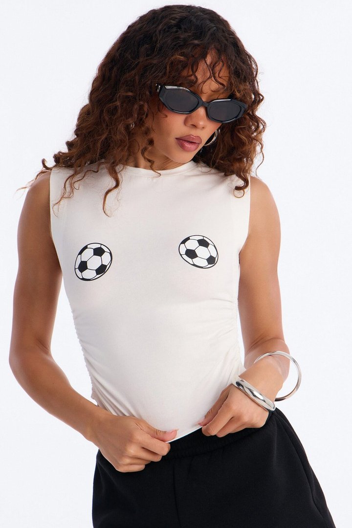 Soccer Balls Cinched Side Muscle Tank - White