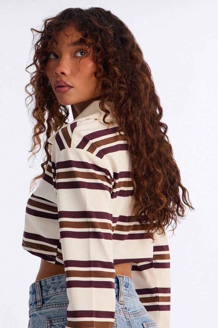 Easy Days Striped Cropped Polo Top - Cream/combo