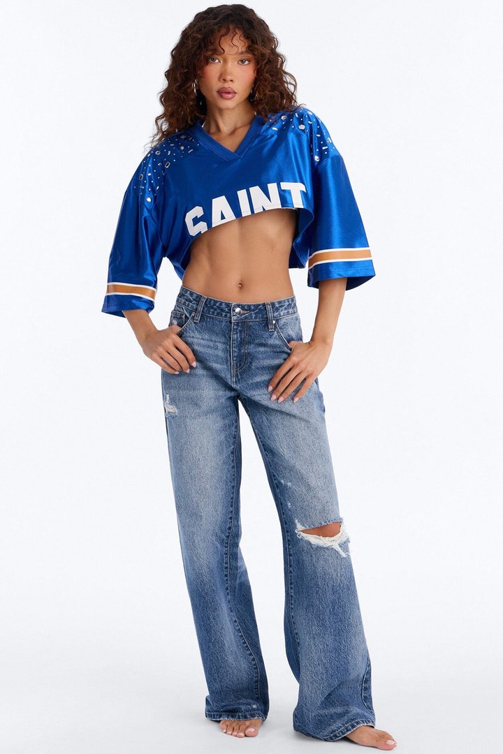 Saint Embellished Cropped Jersey - Royal