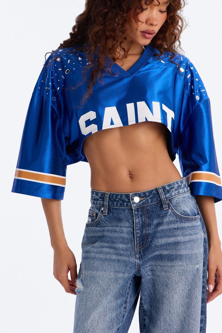 Saint Embellished Cropped Jersey - Royal