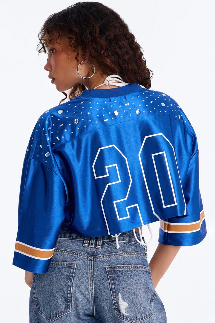 Saint Embellished Cropped Jersey - Royal