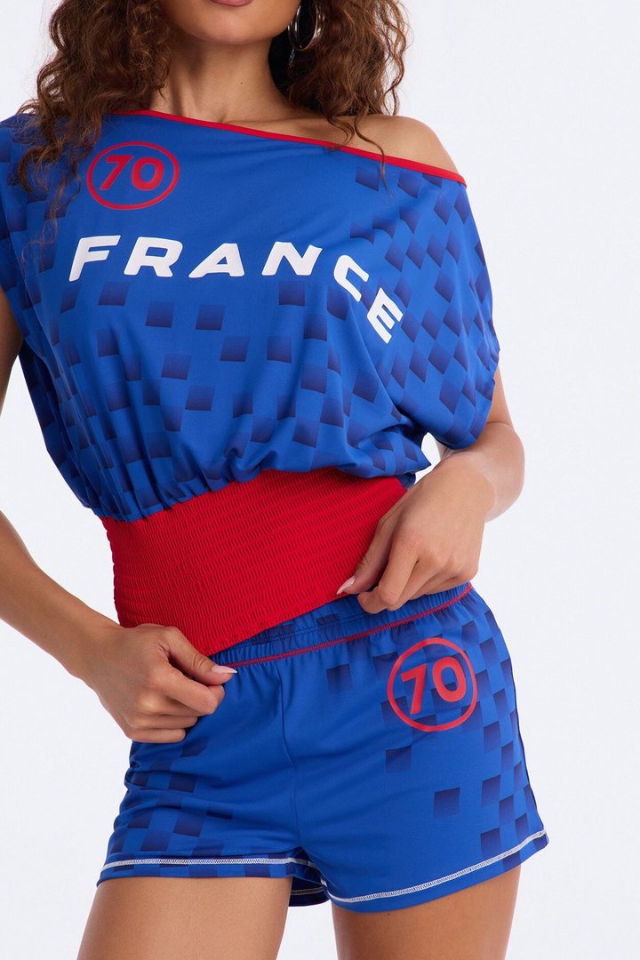 France 70' Off Shoulder Smocked Short Set - Blue/combo