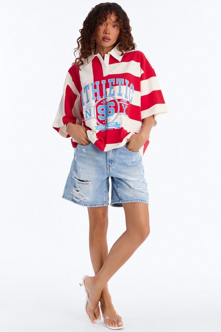 Athletic Oversized Polo - Red/White